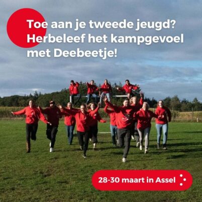 Altijd al het ultieme kampgevoel willen ervaren of het jeugdkamp van vroeger herbeleven? 🔥

Laat je meeslepen in het avontuurlijke thema 'Expeditie' en geniet van een échte kampweek, gepropt in één fantastisch weekend 👏

🙇 Voor iedereen van 18 - 88 jaar
 📅 28 t/m 30 maart 2025 
📍Assel Don Bosco Centrum

Deebeetje verwelkomt je graag in de vertrouwde Kampschuur voor veel gezelligheid, activiteiten en nostalgische momenten. 

Nog nooit op Deebeetje Kamp geweest? Geen probleem, dit is je kans om Deebeetje alsnog te ervaren! 

Schrijf je snel in via hun (spiksplinternieuwe) website: www.deebeetje.nl of check even hun IG: @deebeetjekamp